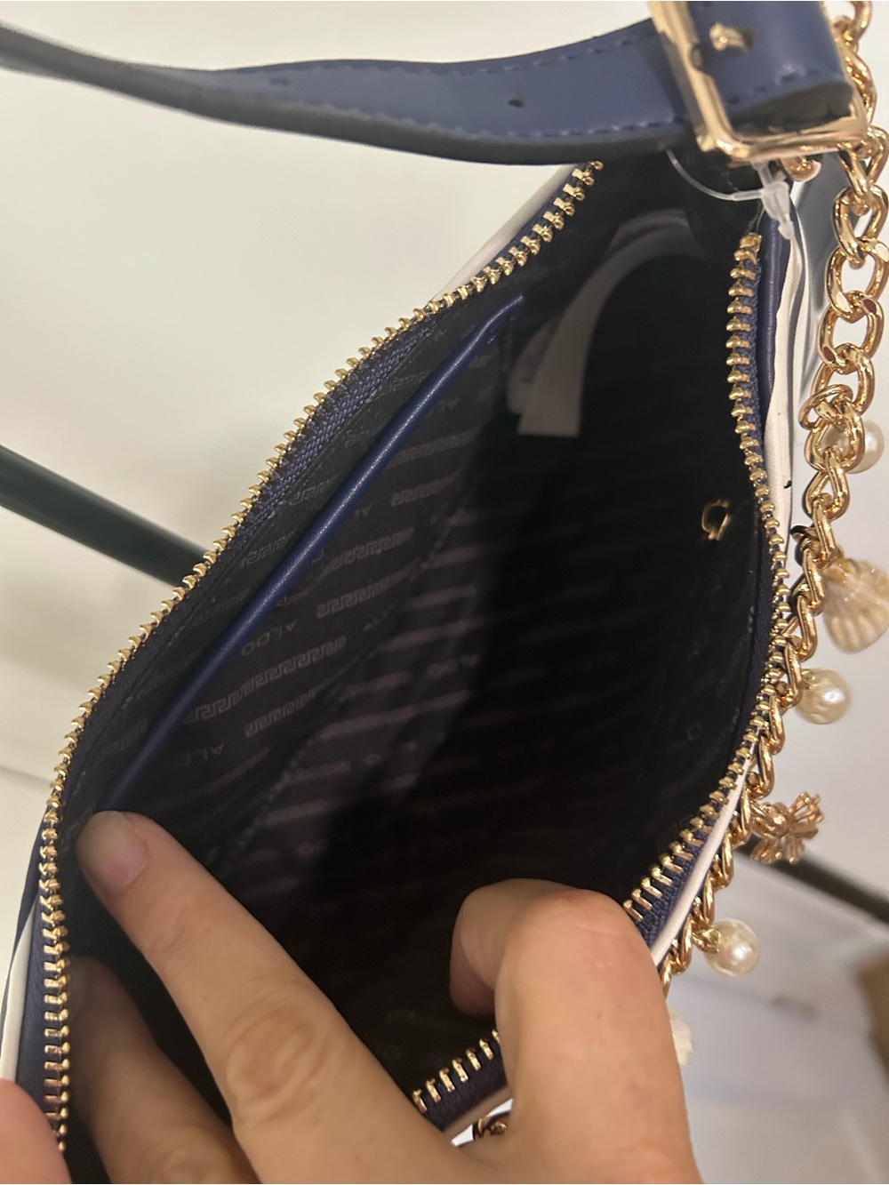 Blue and White Women's Chain Shoulder Bag with Pearl Charms